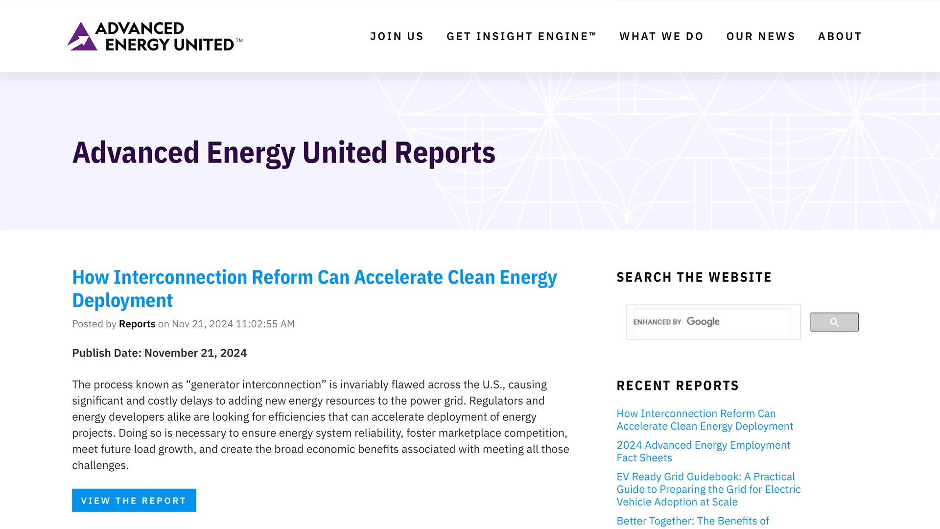Image of Reports page from Advanced Energy United website