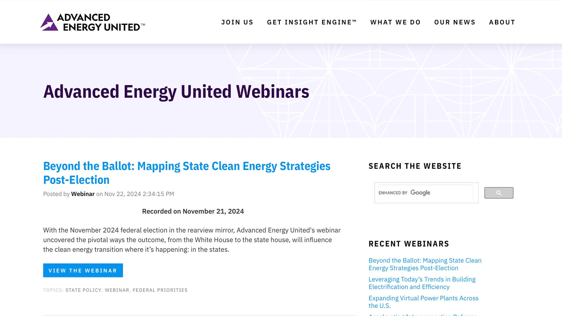 Image of Webinars page from Advanced Energy United website
